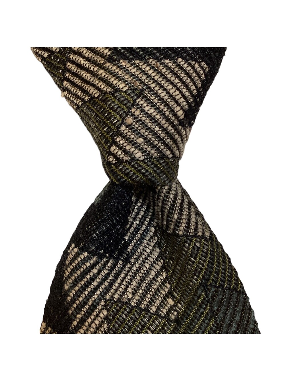Burdi Chicago Men's Silk/Wool Necktie ITALY Designer Chevron Green/Blue/Tan EUC
